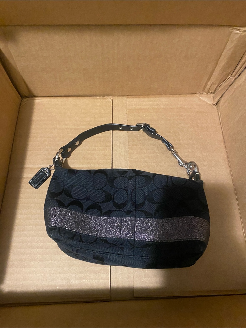 Coach Black Signature Jacquard Wristlet with Glitter Stripe